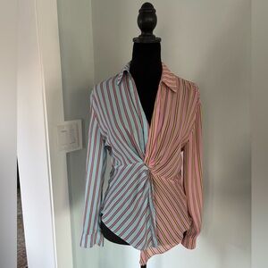 Madison Marcus twist front striped long sleeve blouse blue pink XS